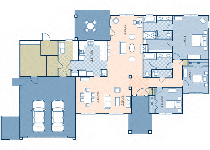 Floor plan for 3 beds, 2.5 baths, 1564 sqft